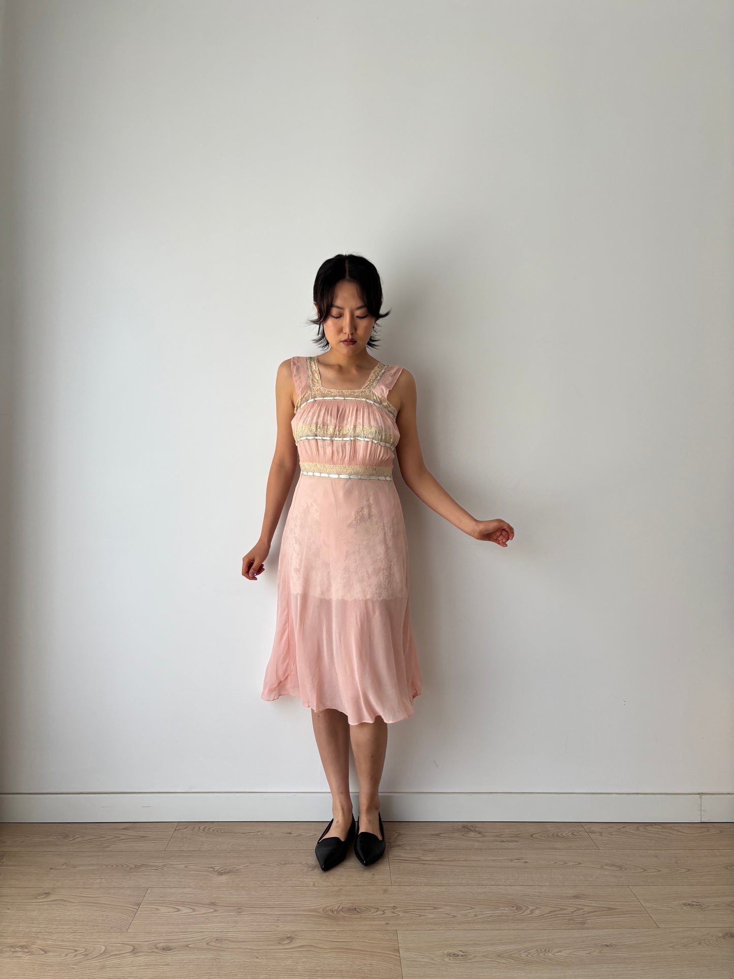 1930s midi pink ribbon silk chiffon sheer bias cut lace dress