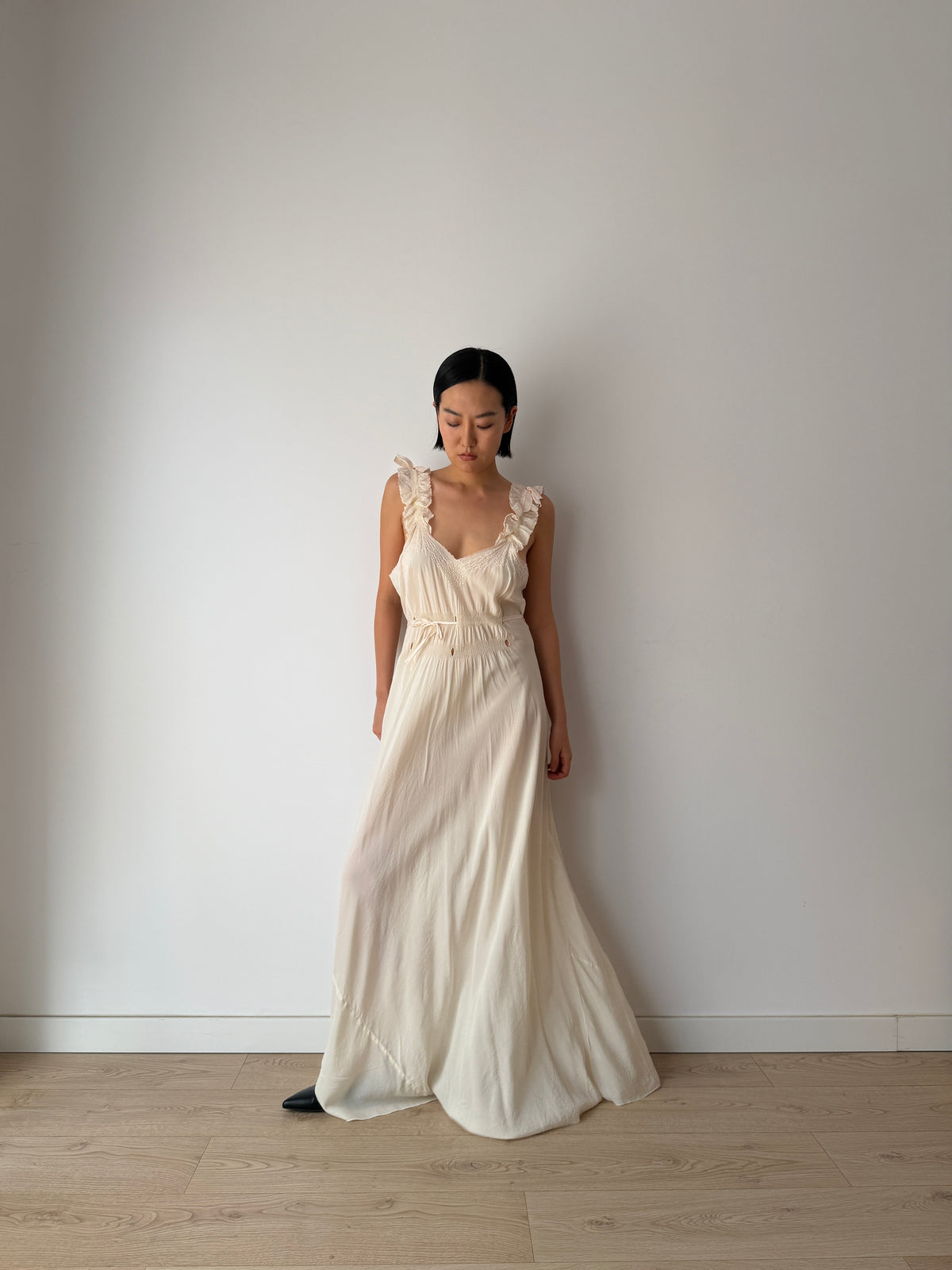 1930s Bridal Ivory Bias Cut Gown, Romantic Embroidery, Ruffled Straps, Tie Waist Maxi Dress