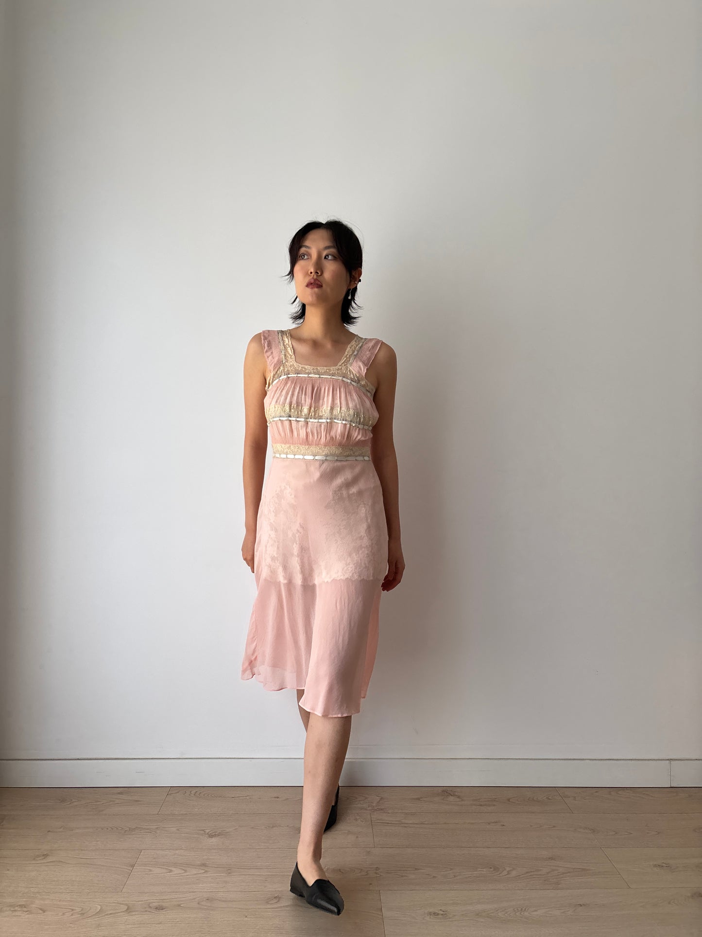 1930s midi pink ribbon silk chiffon sheer bias cut lace dress