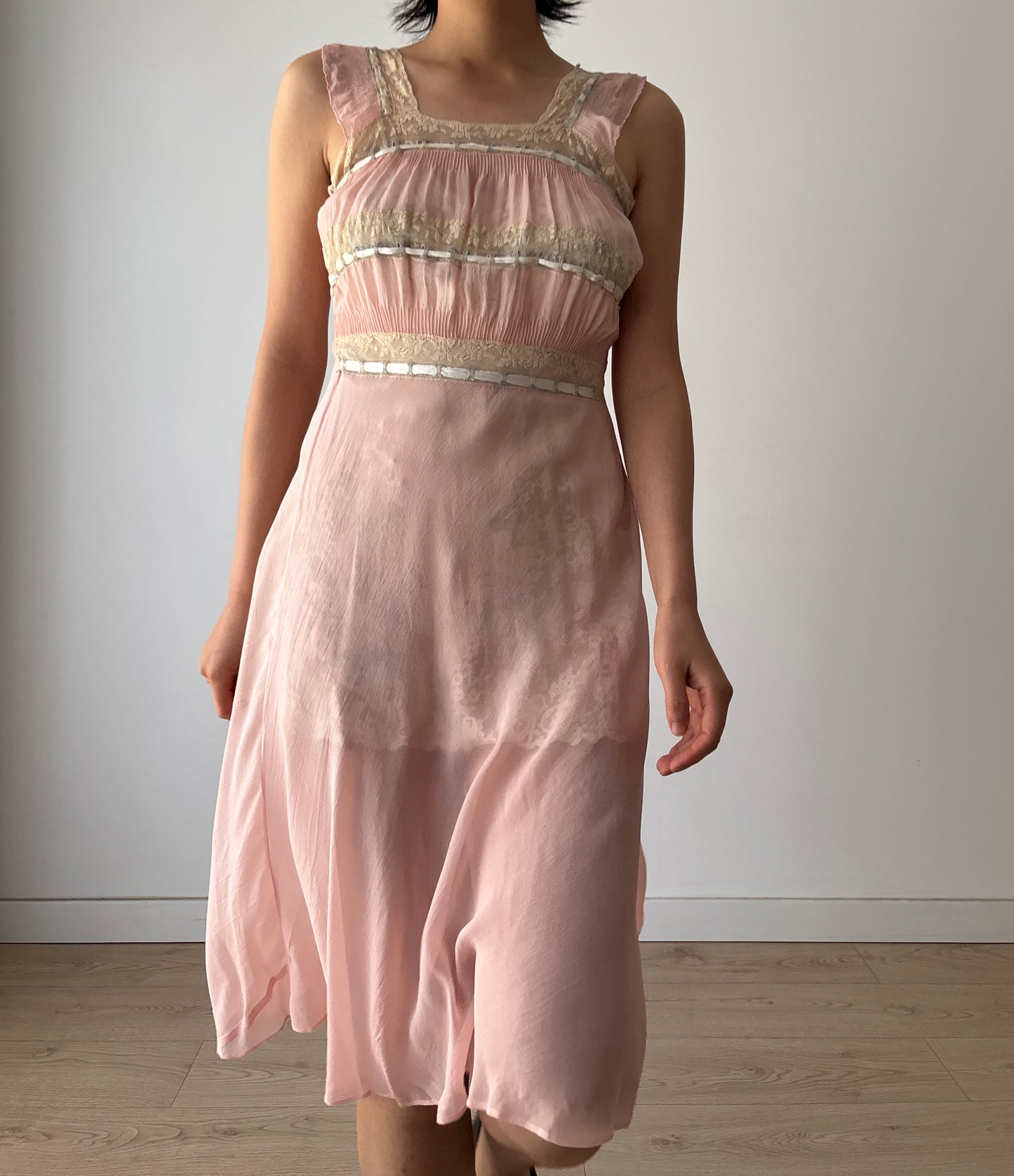 1930s midi pink ribbon silk chiffon sheer bias cut lace dress