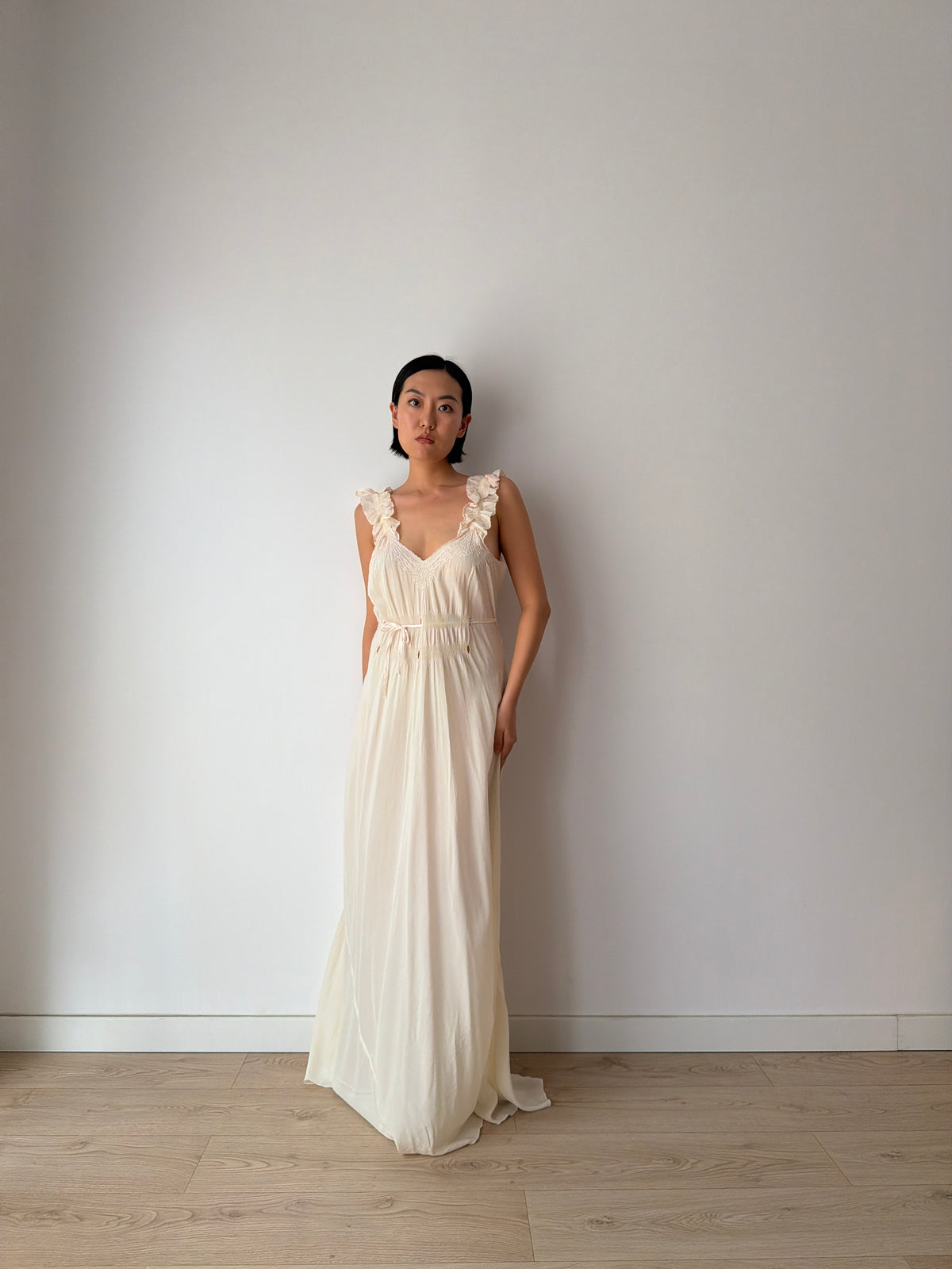 1930s Bridal Ivory Bias Cut Gown, Romantic Embroidery, Ruffled Straps, Tie Waist Maxi Dress