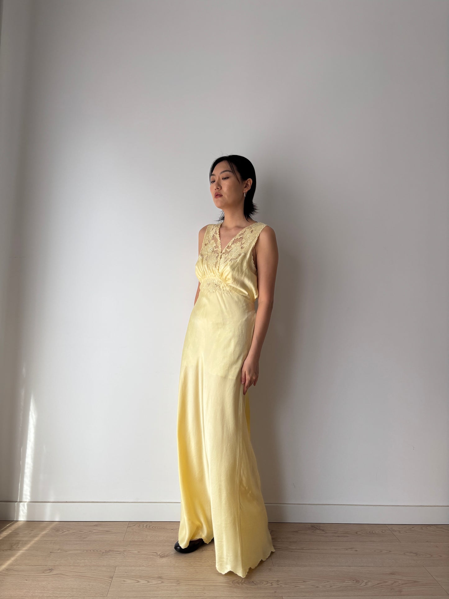 1940s Antique 100% Silk Yellow Embroidered Long Slip Maxi dress