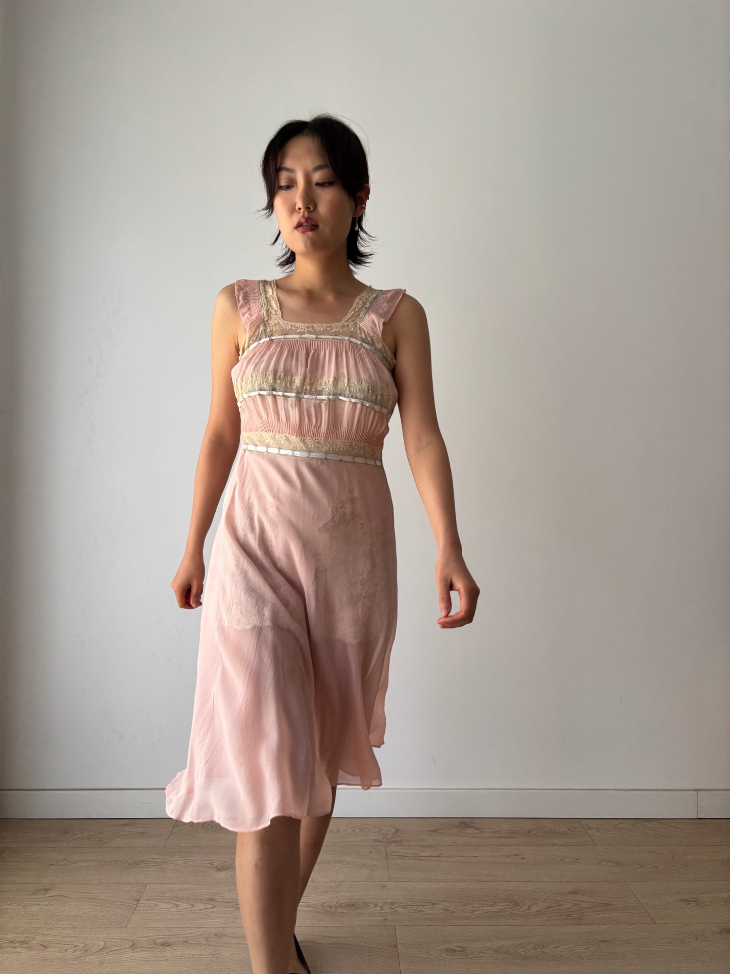 1930s midi pink ribbon silk chiffon sheer bias cut lace dress