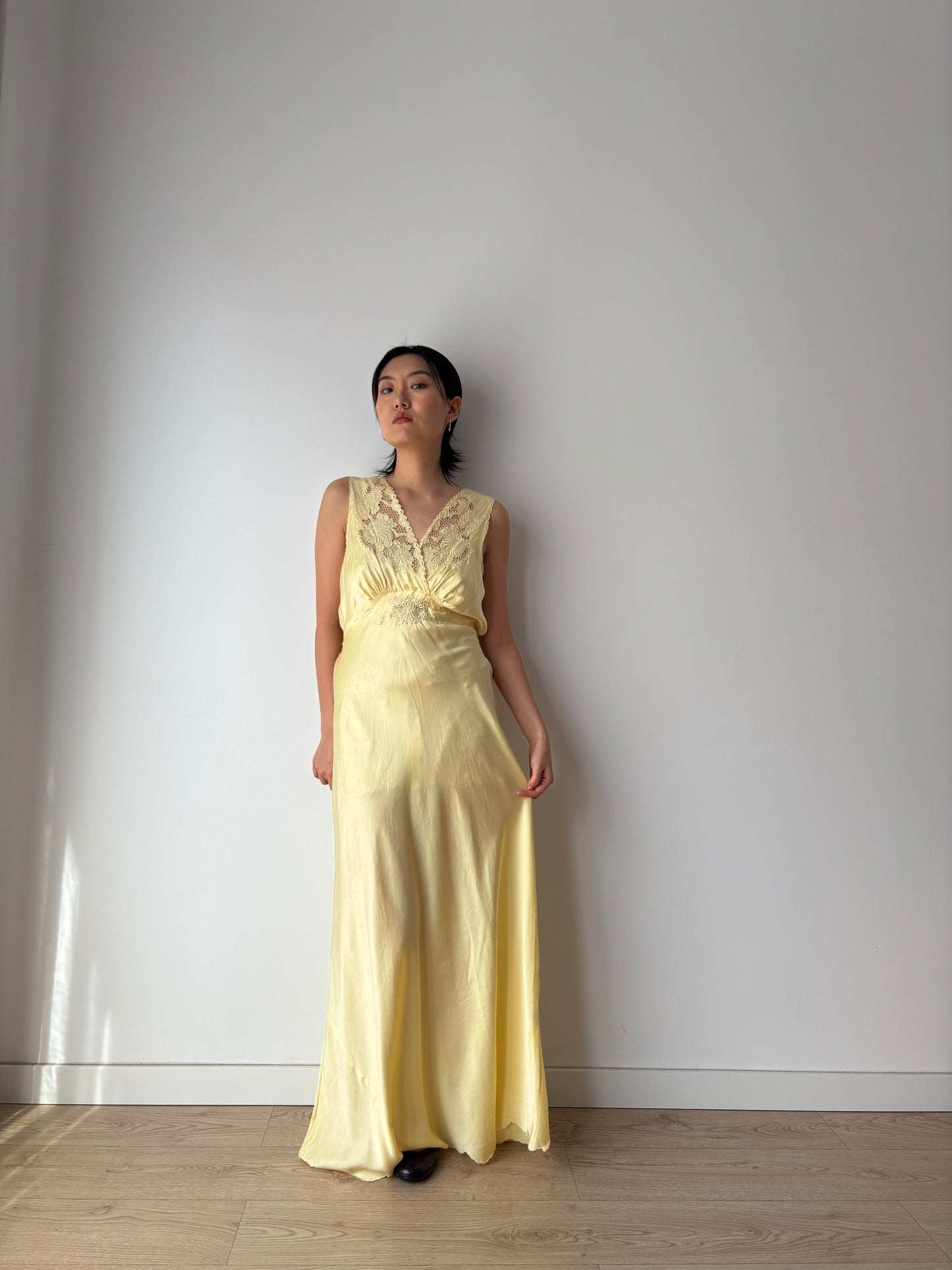 1940s Antique 100% Silk Yellow Embroidered Long Slip Maxi dress
