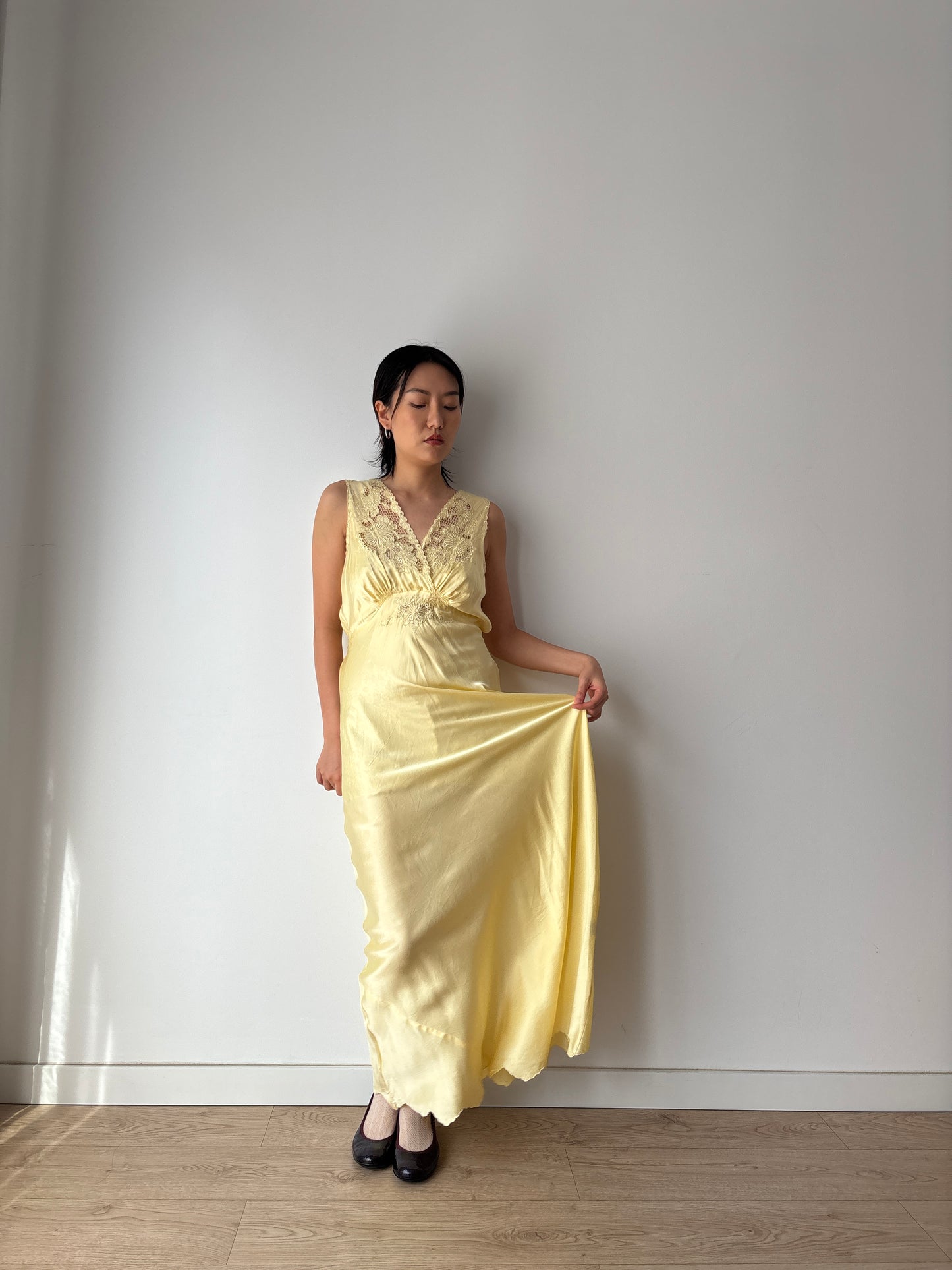 1940s Antique 100% Silk Yellow Embroidered Long Slip Maxi dress