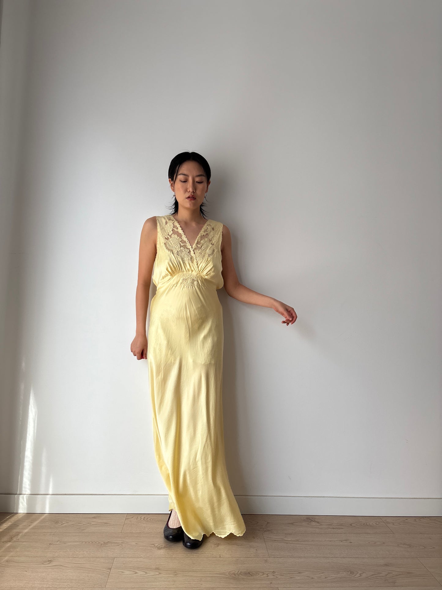 1940s Antique 100% Silk Yellow Embroidered Long Slip Maxi dress
