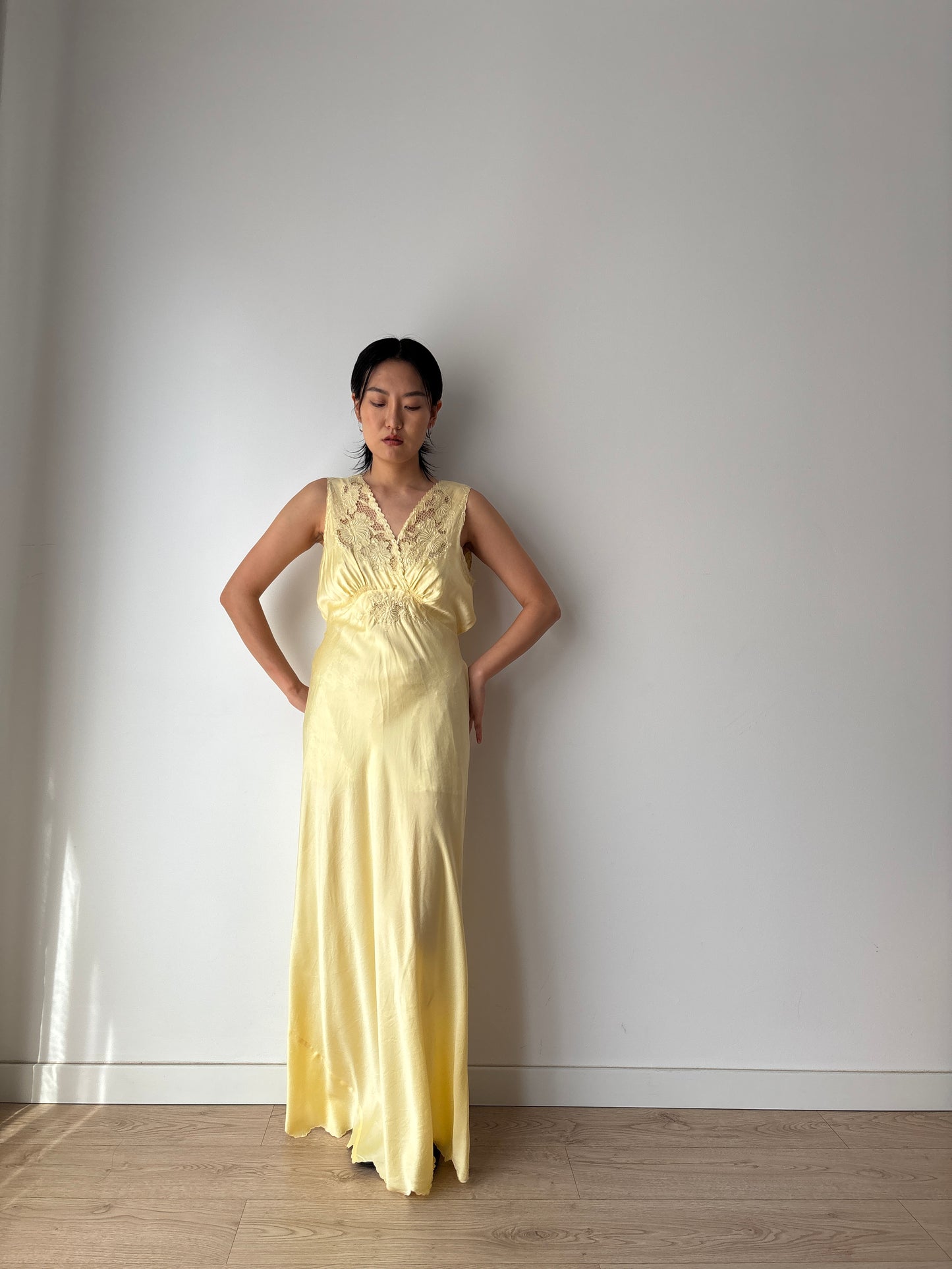 1940s Antique 100% Silk Yellow Embroidered Long Slip Maxi dress