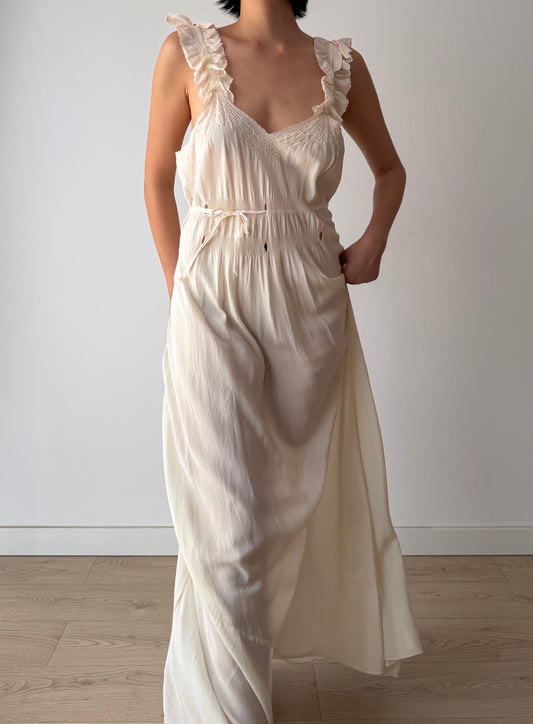 1930s Bridal Ivory Bias Cut Gown, Romantic Embroidery, Ruffled Straps, Tie Waist Maxi Dress