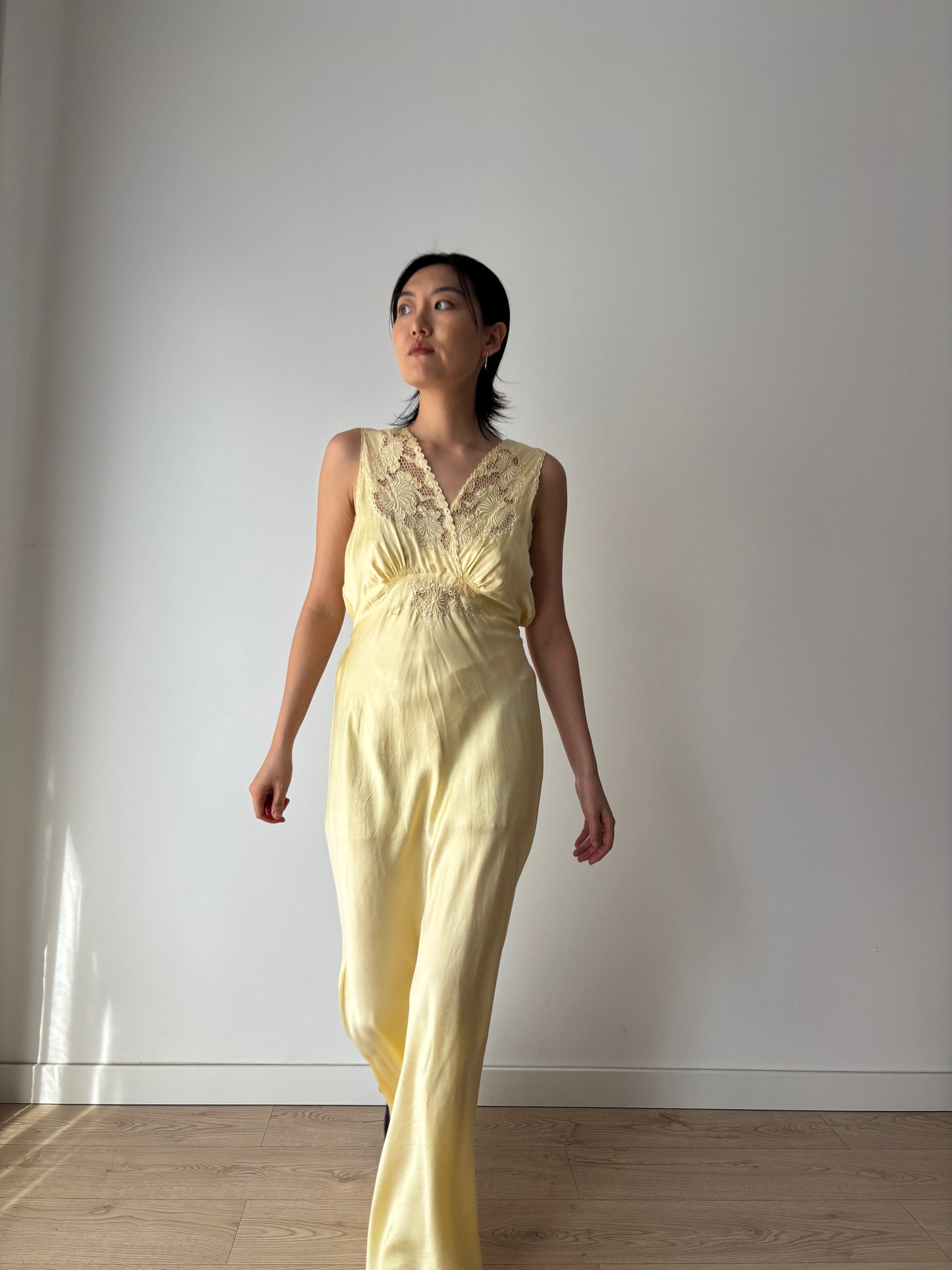 1940s Antique 100% Silk Yellow Embroidered Long Slip Maxi dress