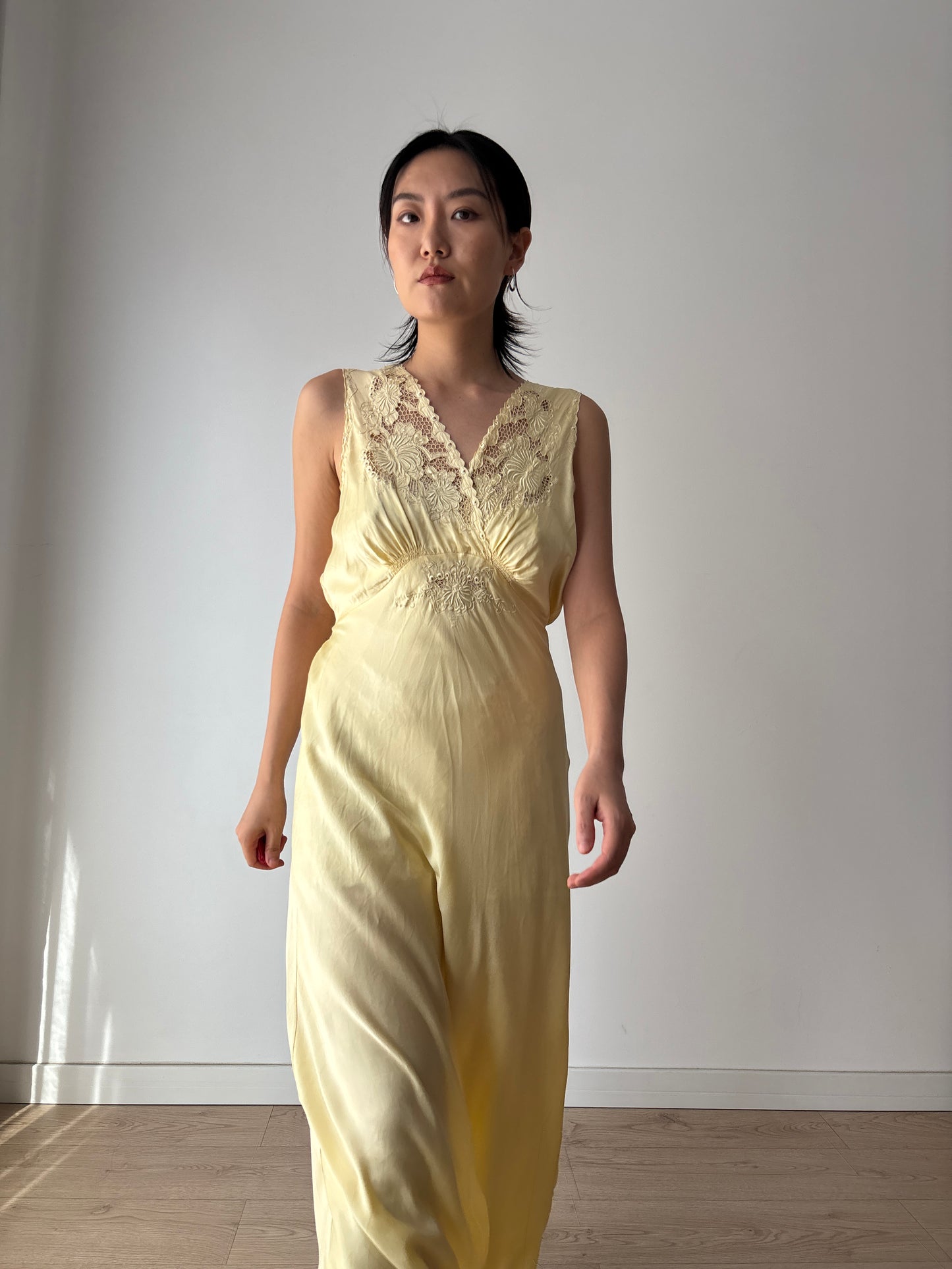 1940s Antique 100% Silk Yellow Embroidered Long Slip Maxi dress