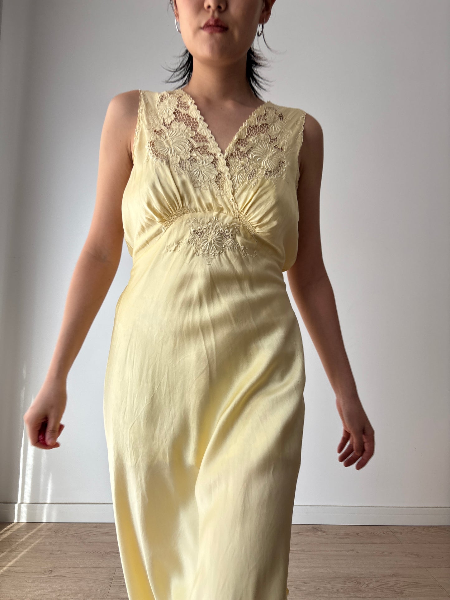 1940s Antique 100% Silk Yellow Embroidered Long Slip Maxi dress