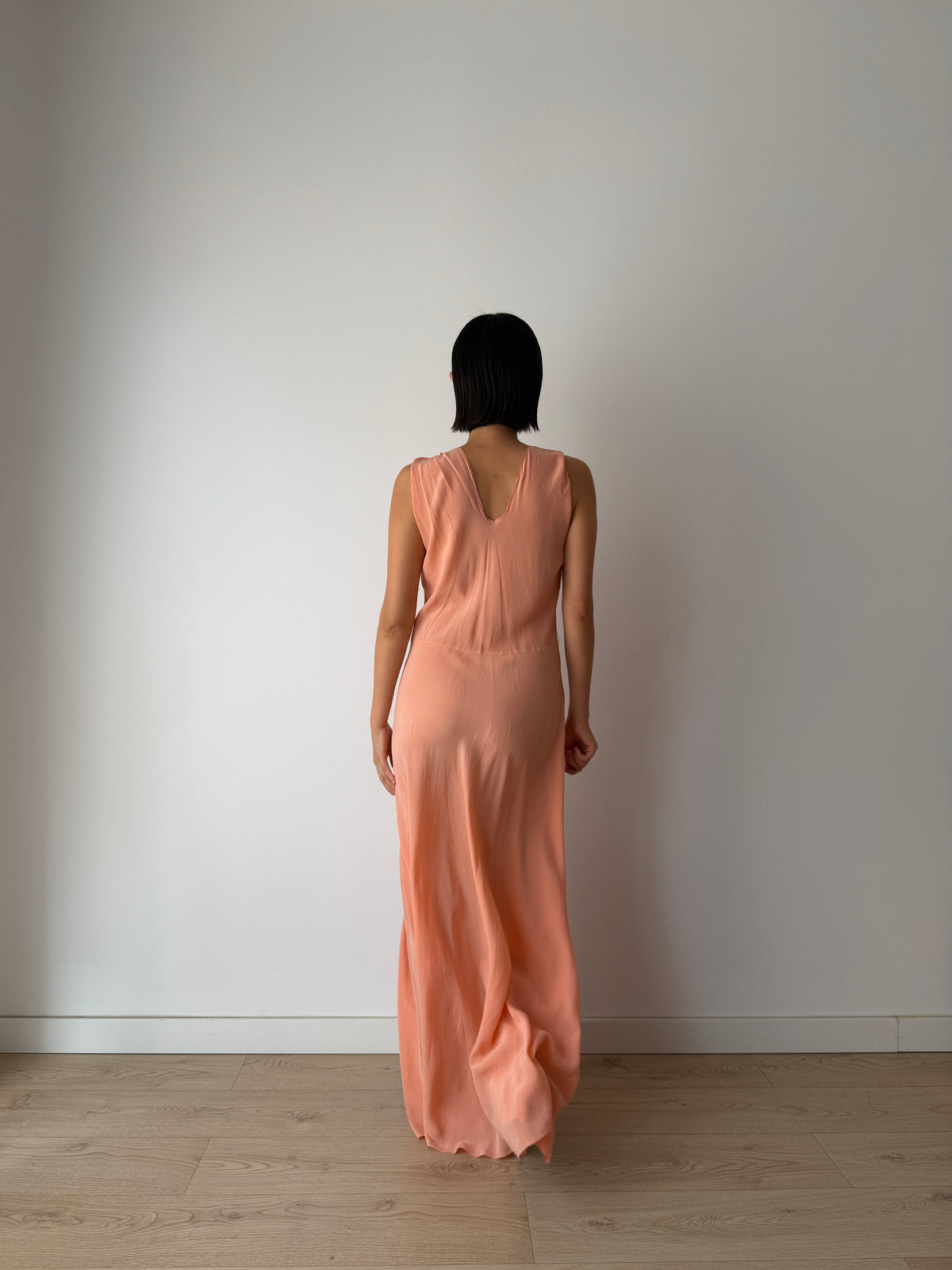 1940s Peach Bias Cut Gown | 1930s Romantic Embroidered Bodice Maxi Slip Dress