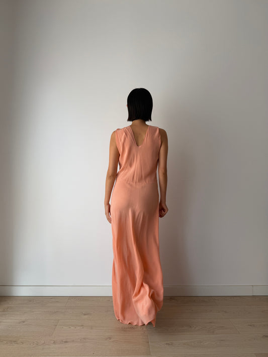 1940s Peach Bias Cut Gown | 1930s Romantic Embroidered Bodice Maxi Slip Dress