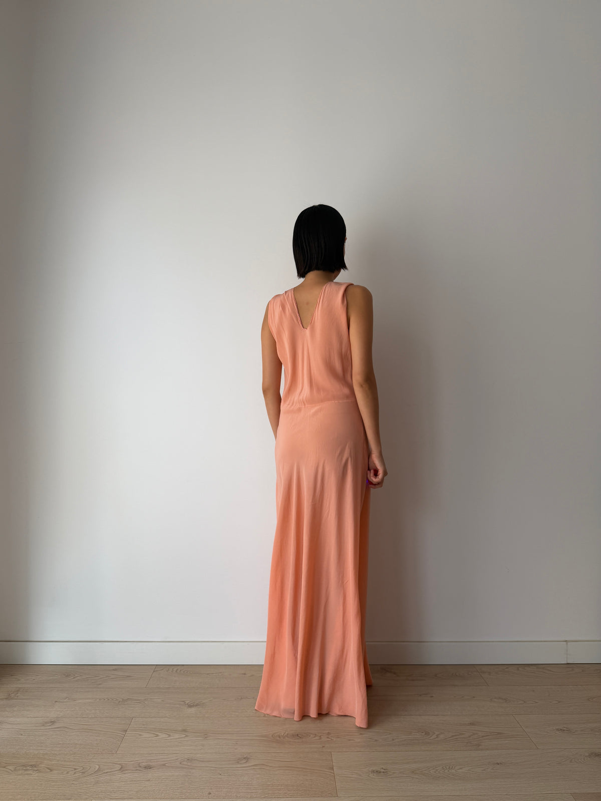 1940s Peach Bias Cut Gown | 1930s Romantic Embroidered Bodice Maxi Slip Dress