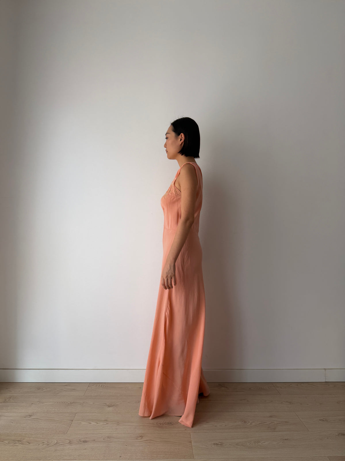 1940s Peach Bias Cut Gown | 1930s Romantic Embroidered Bodice Maxi Slip Dress