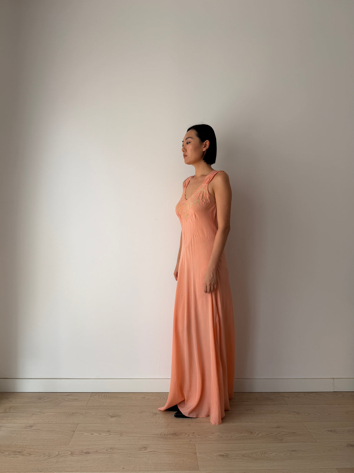 1940s Peach Bias Cut Gown | 1930s Romantic Embroidered Bodice Maxi Slip Dress