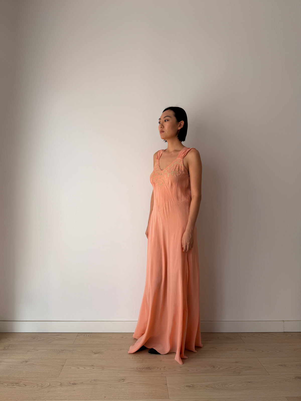 1940s Peach Bias Cut Gown | 1930s Romantic Embroidered Bodice Maxi Slip Dress