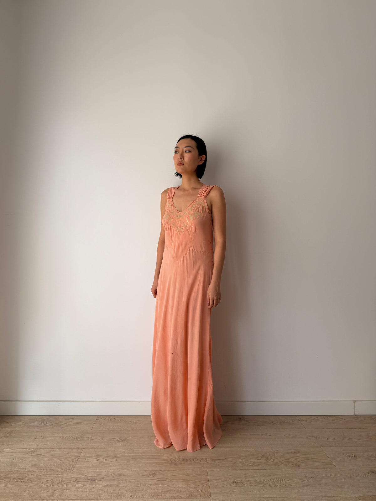 1940s Peach Bias Cut Gown | 1930s Romantic Embroidered Bodice Maxi Slip Dress