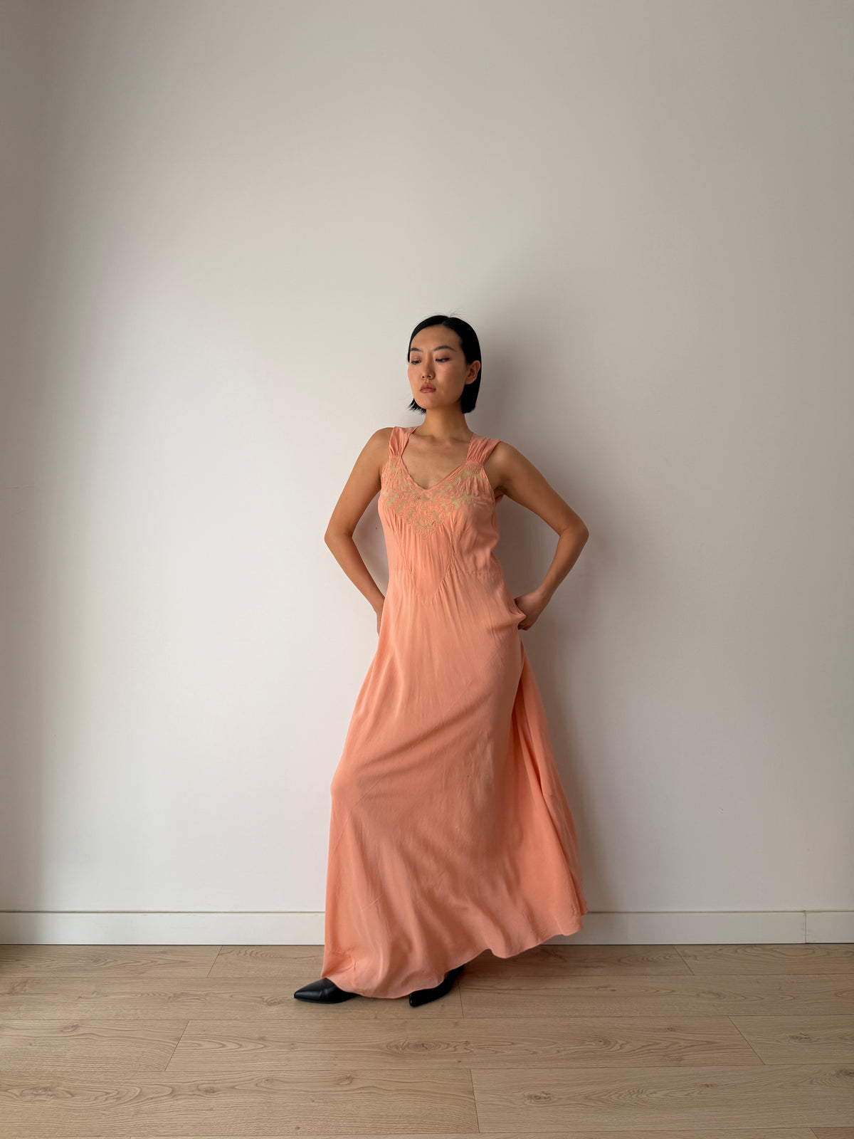 1940s Peach Bias Cut Gown | 1930s Romantic Embroidered Bodice Maxi Slip Dress