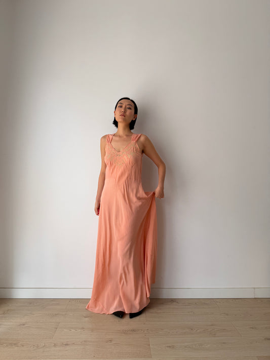 1940s Peach Bias Cut Gown | 1930s Romantic Embroidered Bodice Maxi Slip Dress