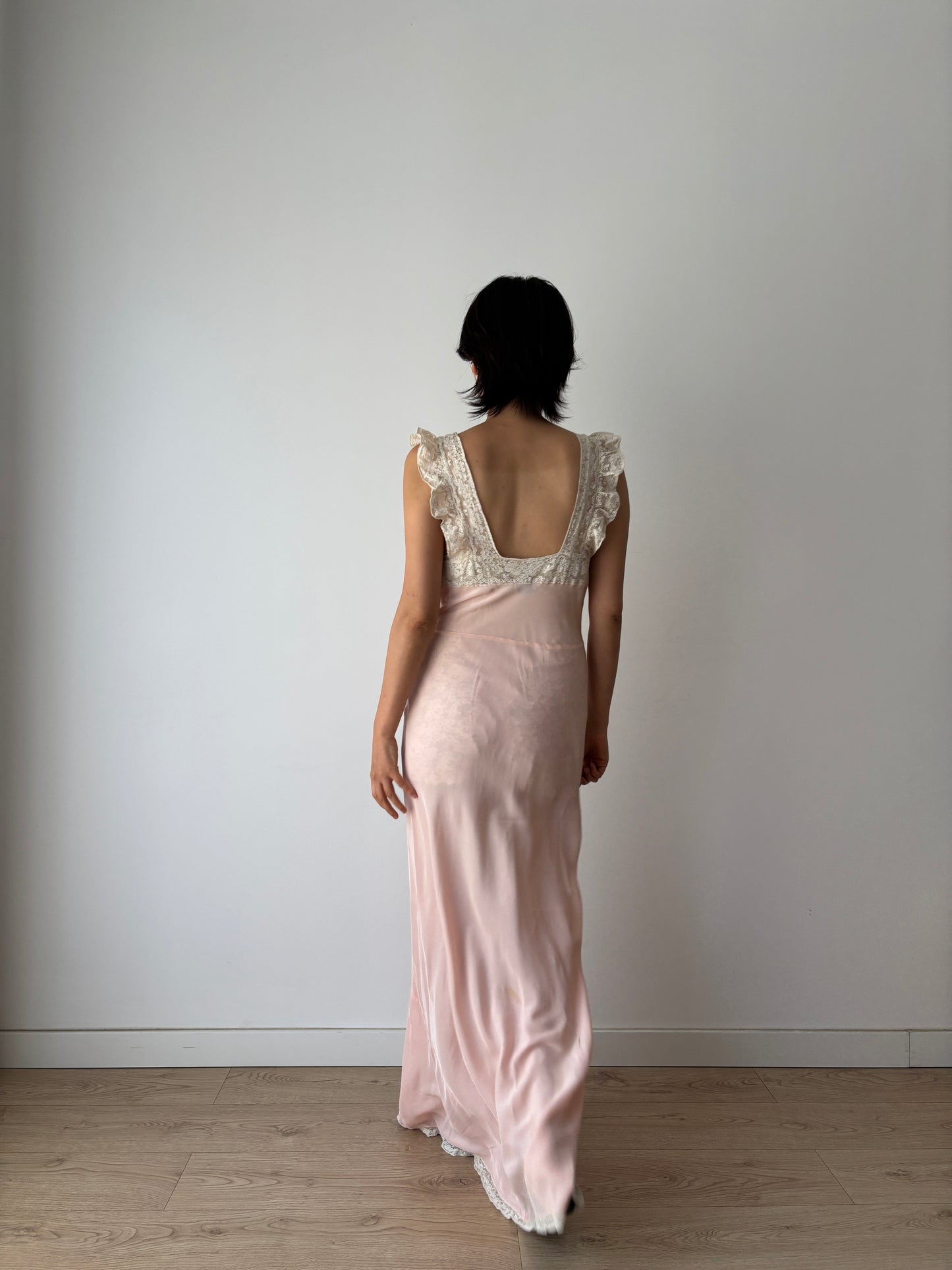 1930s Art Deco Rayon French Lace Nightgown, Romantic Bias Cut Long Slip Dress