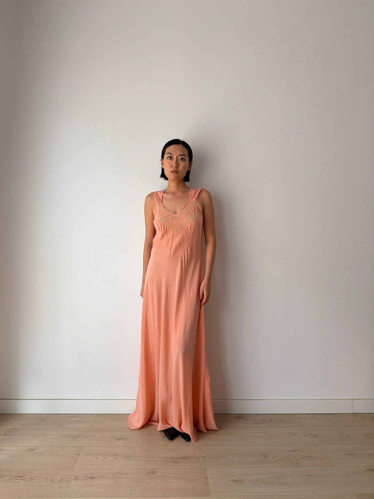 1940s Peach Bias Cut Gown | 1930s Romantic Embroidered Bodice Maxi Slip Dress