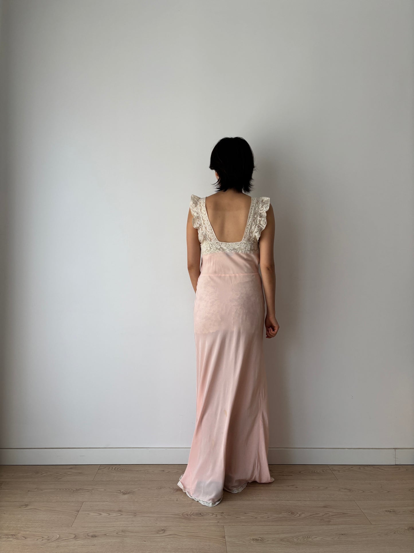 1930s Art Deco Rayon French Lace Nightgown, Romantic Bias Cut Long Slip Dress