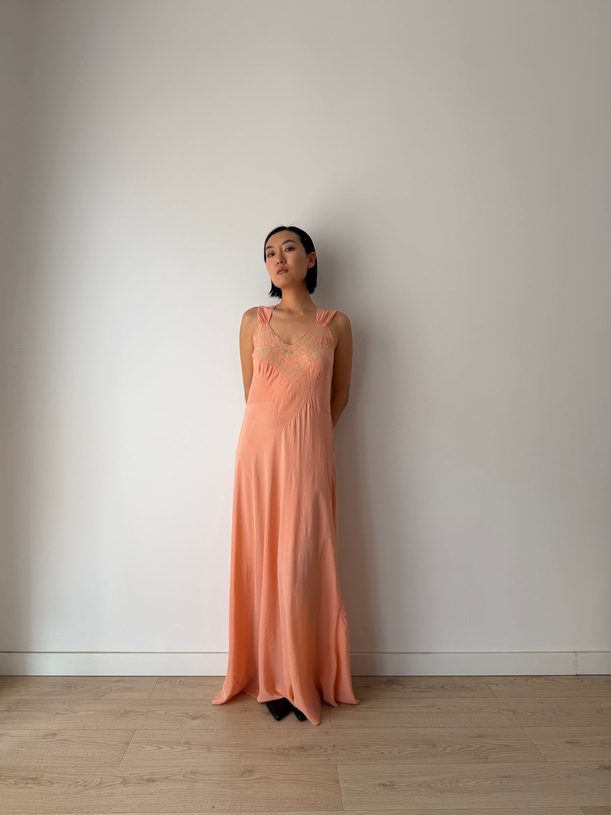 1940s Peach Bias Cut Gown | 1930s Romantic Embroidered Bodice Maxi Slip Dress