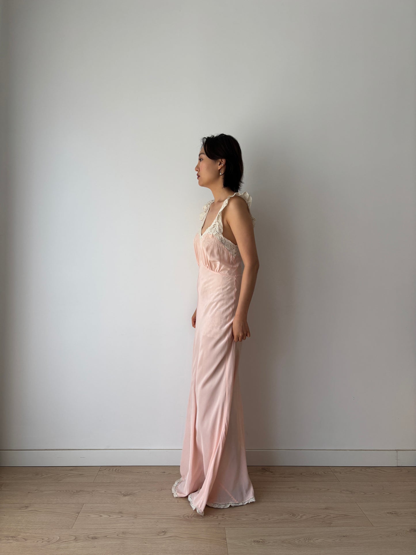 1930s Art Deco Rayon French Lace Nightgown, Romantic Bias Cut Long Slip Dress