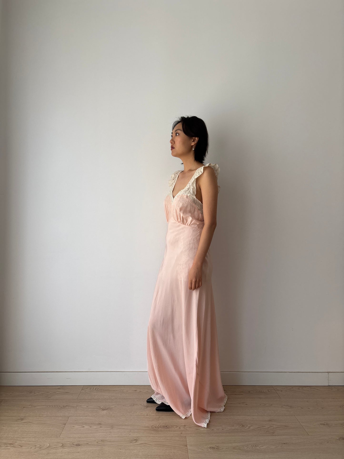 1930s Art Deco Rayon French Lace Nightgown, Romantic Bias Cut Long Slip Dress