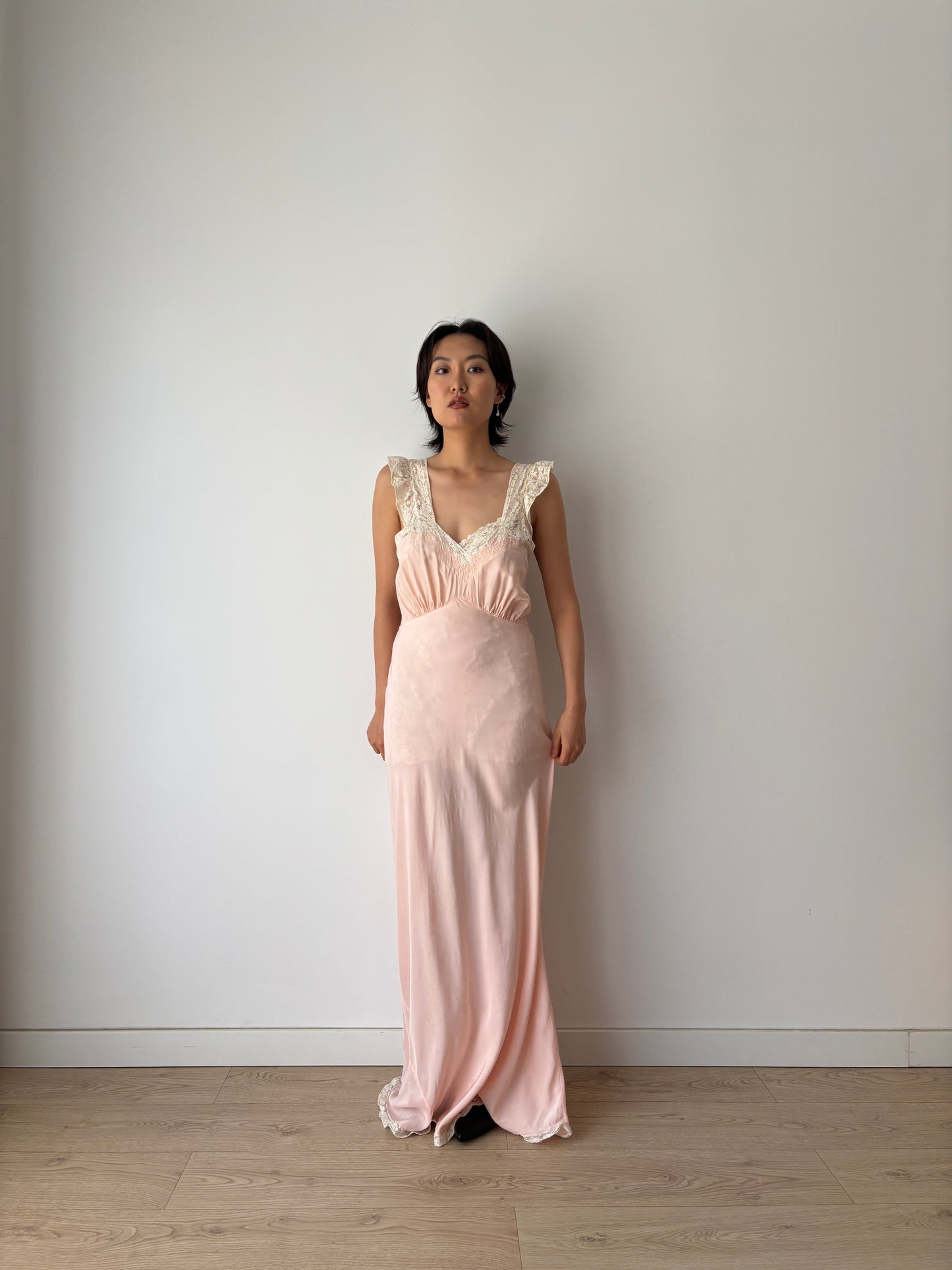 1930s Art Deco Rayon French Lace Nightgown, Romantic Bias Cut Long Slip Dress