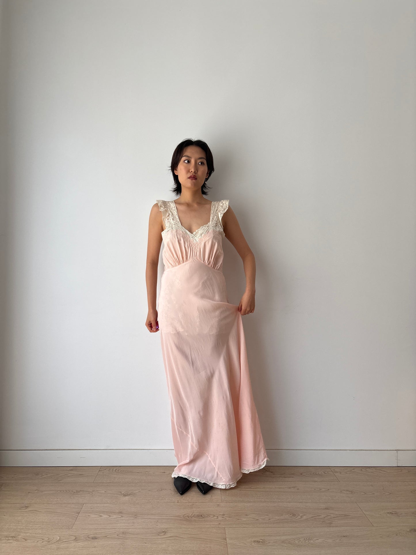 1930s Art Deco Rayon French Lace Nightgown, Romantic Bias Cut Long Slip Dress