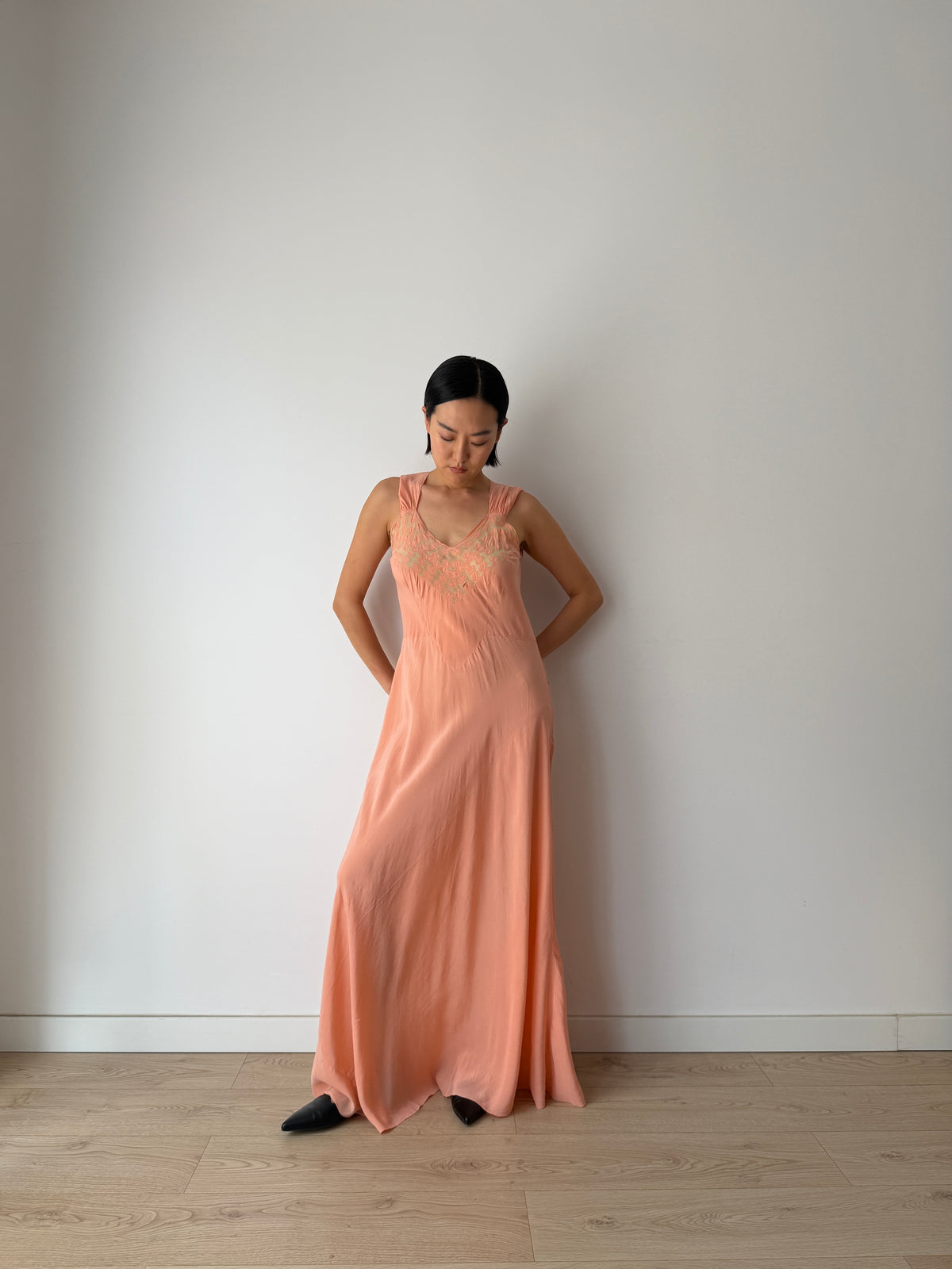 1940s Peach Bias Cut Gown | 1930s Romantic Embroidered Bodice Maxi Slip Dress