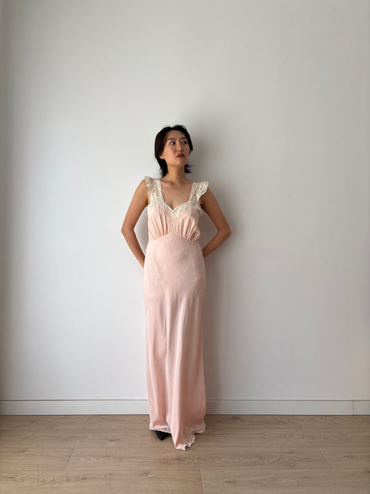 1930s Art Deco Rayon French Lace Nightgown, Romantic Bias Cut Long Slip Dress