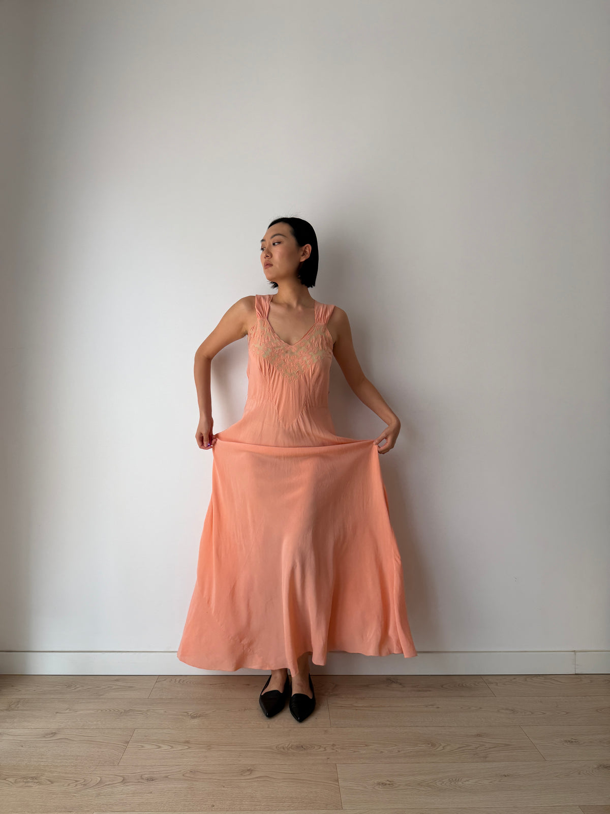 1940s Peach Bias Cut Gown | 1930s Romantic Embroidered Bodice Maxi Slip Dress