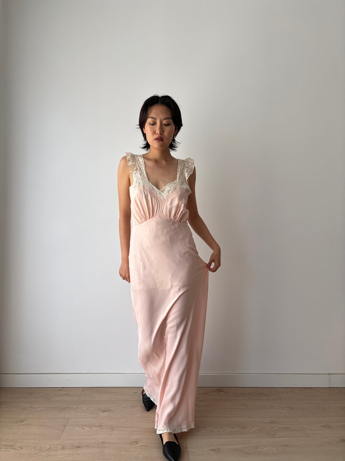 1930s Art Deco Rayon French Lace Nightgown, Romantic Bias Cut Long Slip Dress