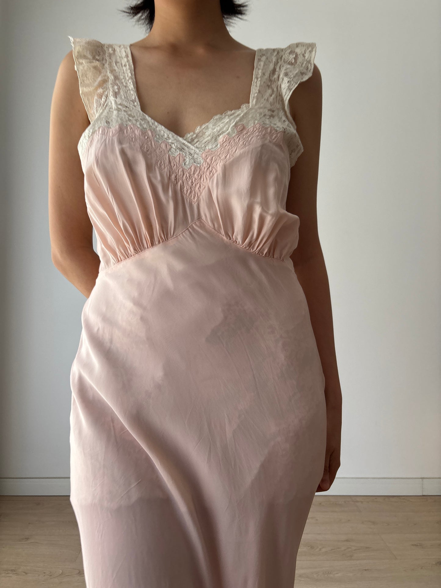 1930s Art Deco Rayon French Lace Nightgown, Romantic Bias Cut Long Slip Dress