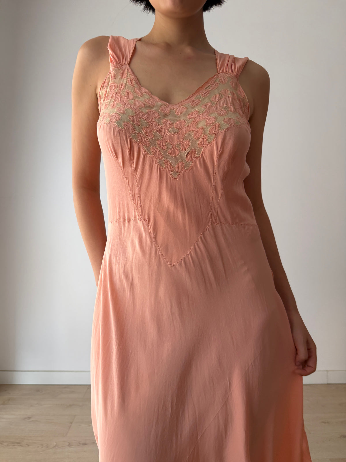 1940s Peach Bias Cut Gown | 1930s Romantic Embroidered Bodice Maxi Slip Dress