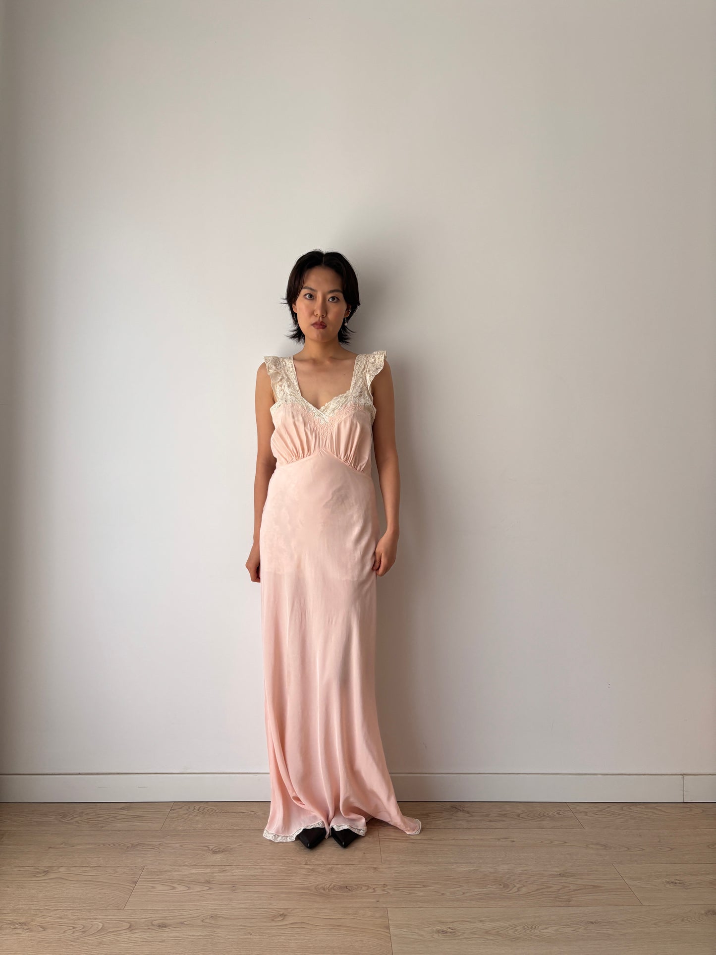 1930s Art Deco Rayon French Lace Nightgown, Romantic Bias Cut Long Slip Dress