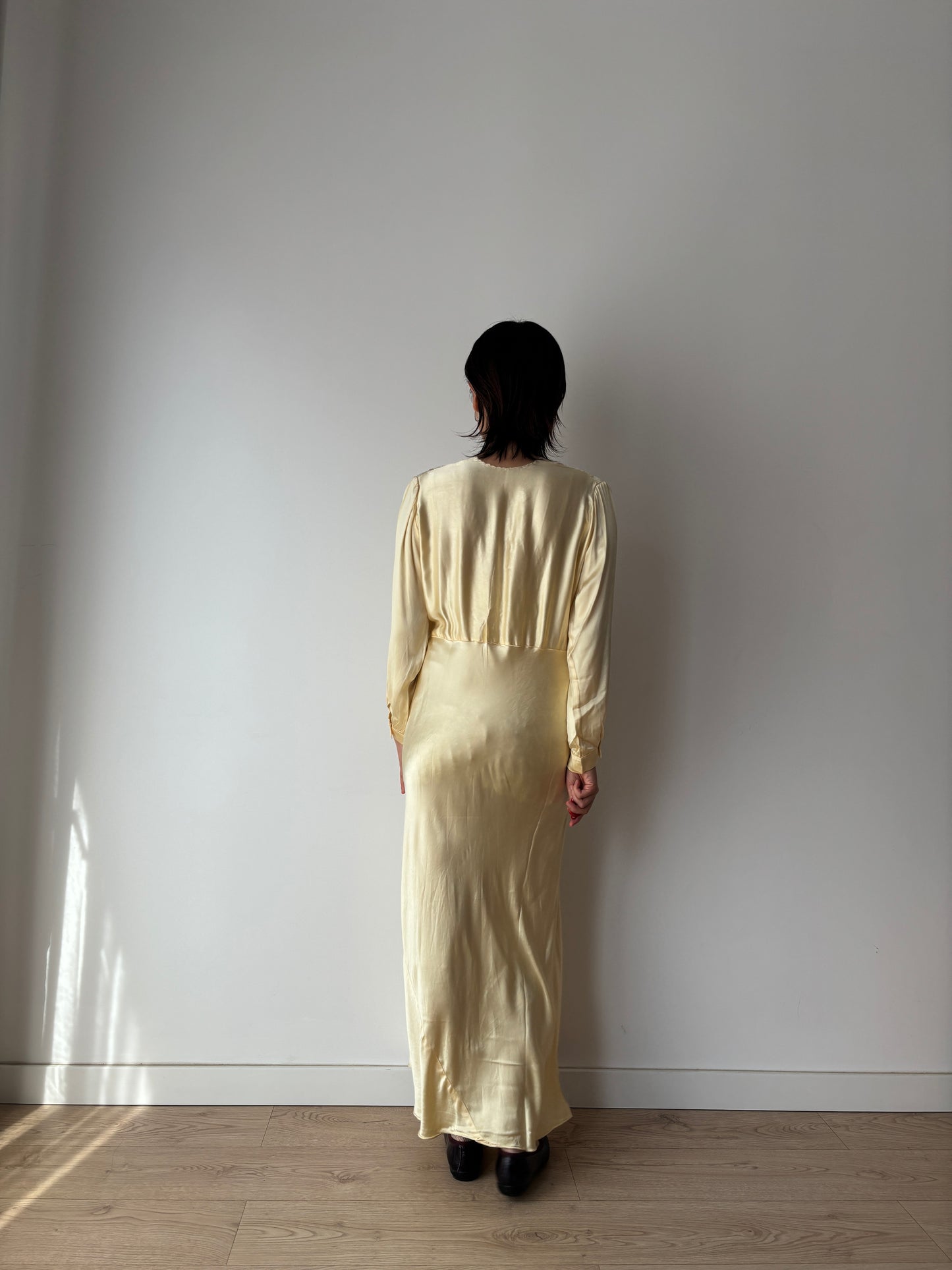 1940s Antique Yellow Silk Embroidered Bias Cut Slip Dress with Sleeves