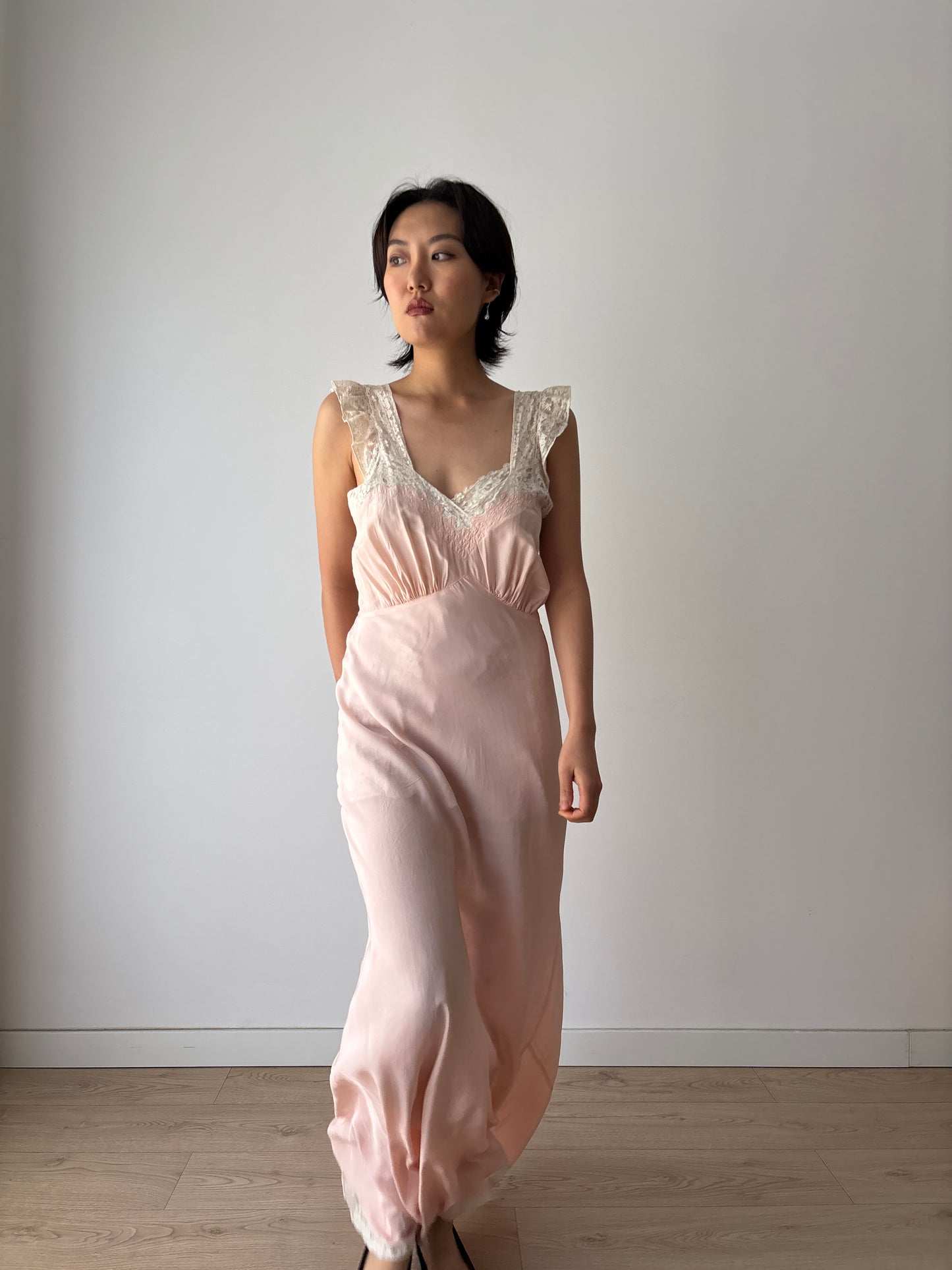1930s Art Deco Rayon French Lace Nightgown, Romantic Bias Cut Long Slip Dress