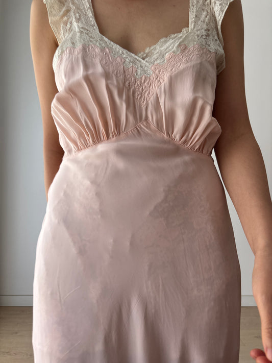 1930s Art Deco Rayon French Lace Nightgown, Romantic Bias Cut Long Slip Dress