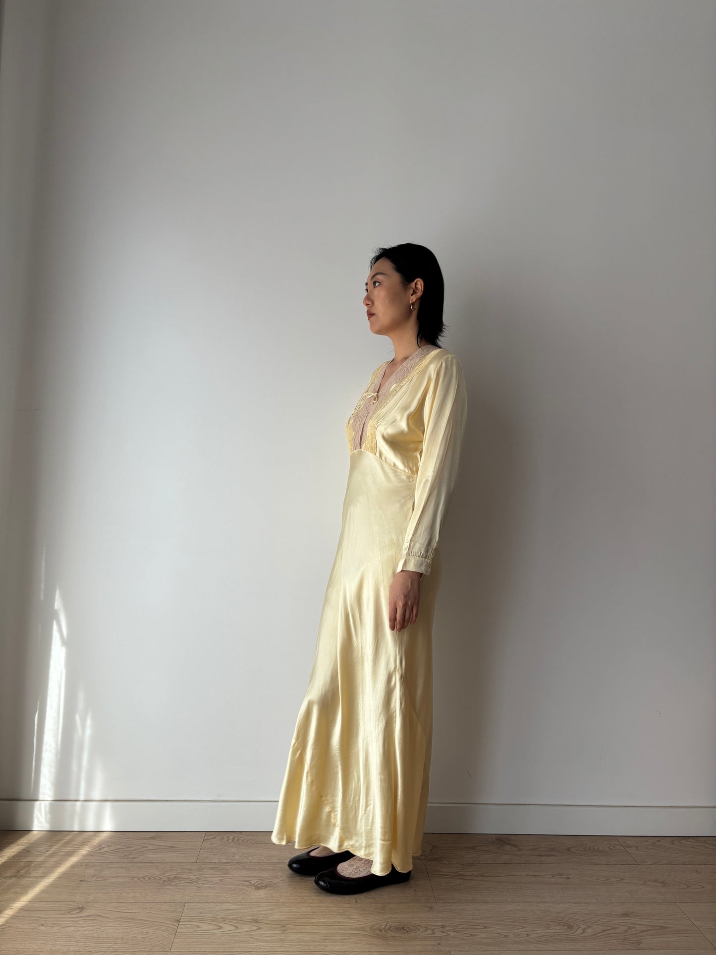 1940s Antique Yellow Silk Embroidered Bias Cut Slip Dress with Sleeves