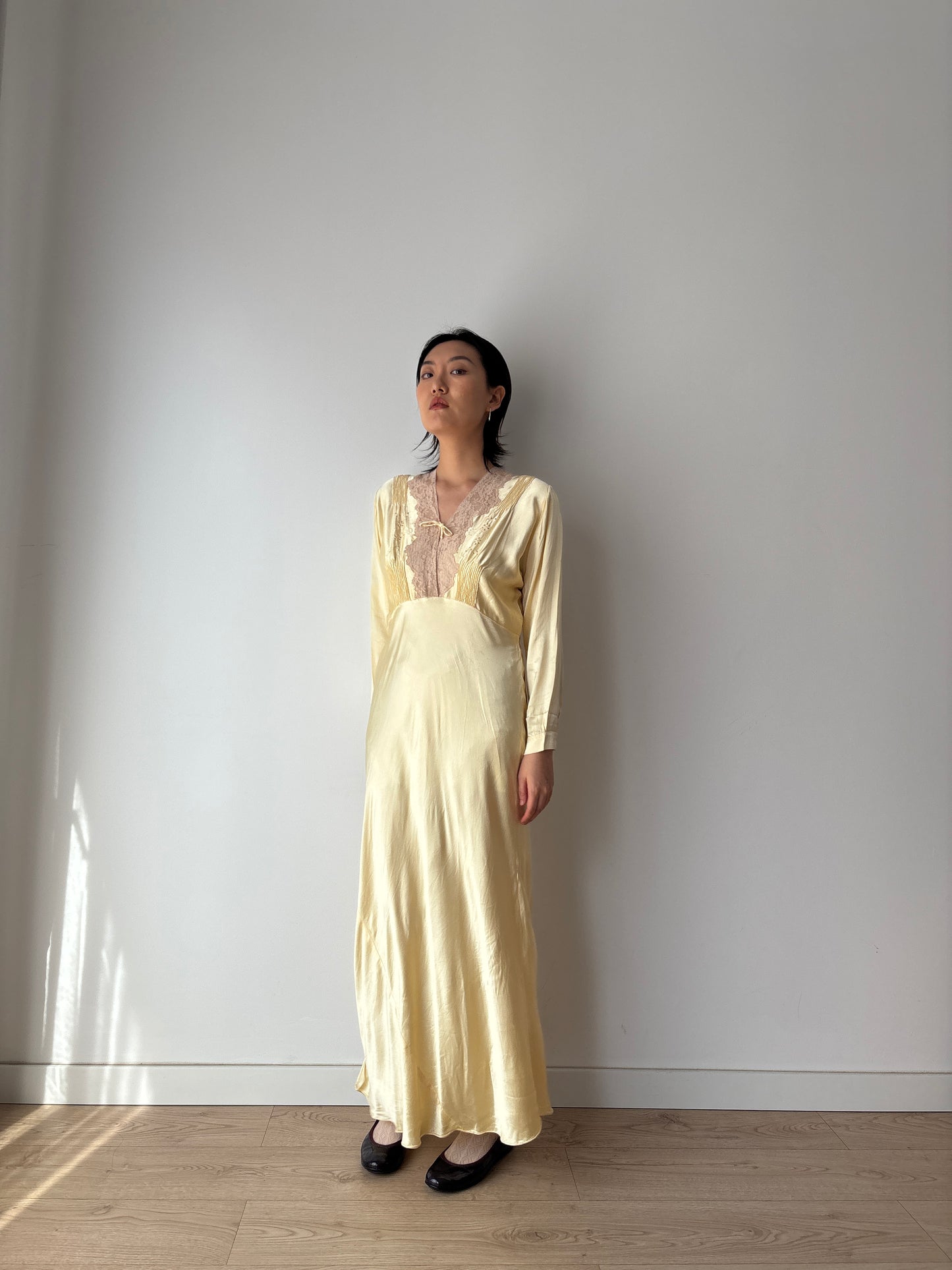 1940s Antique Yellow Silk Embroidered Bias Cut Slip Dress with Sleeves