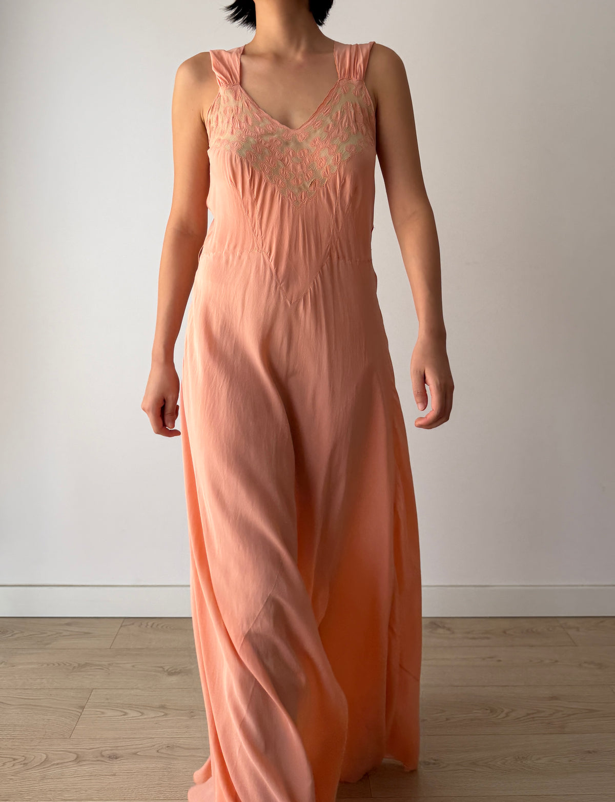 1940s Peach Bias Cut Gown | 1930s Romantic Embroidered Bodice Maxi Slip Dress