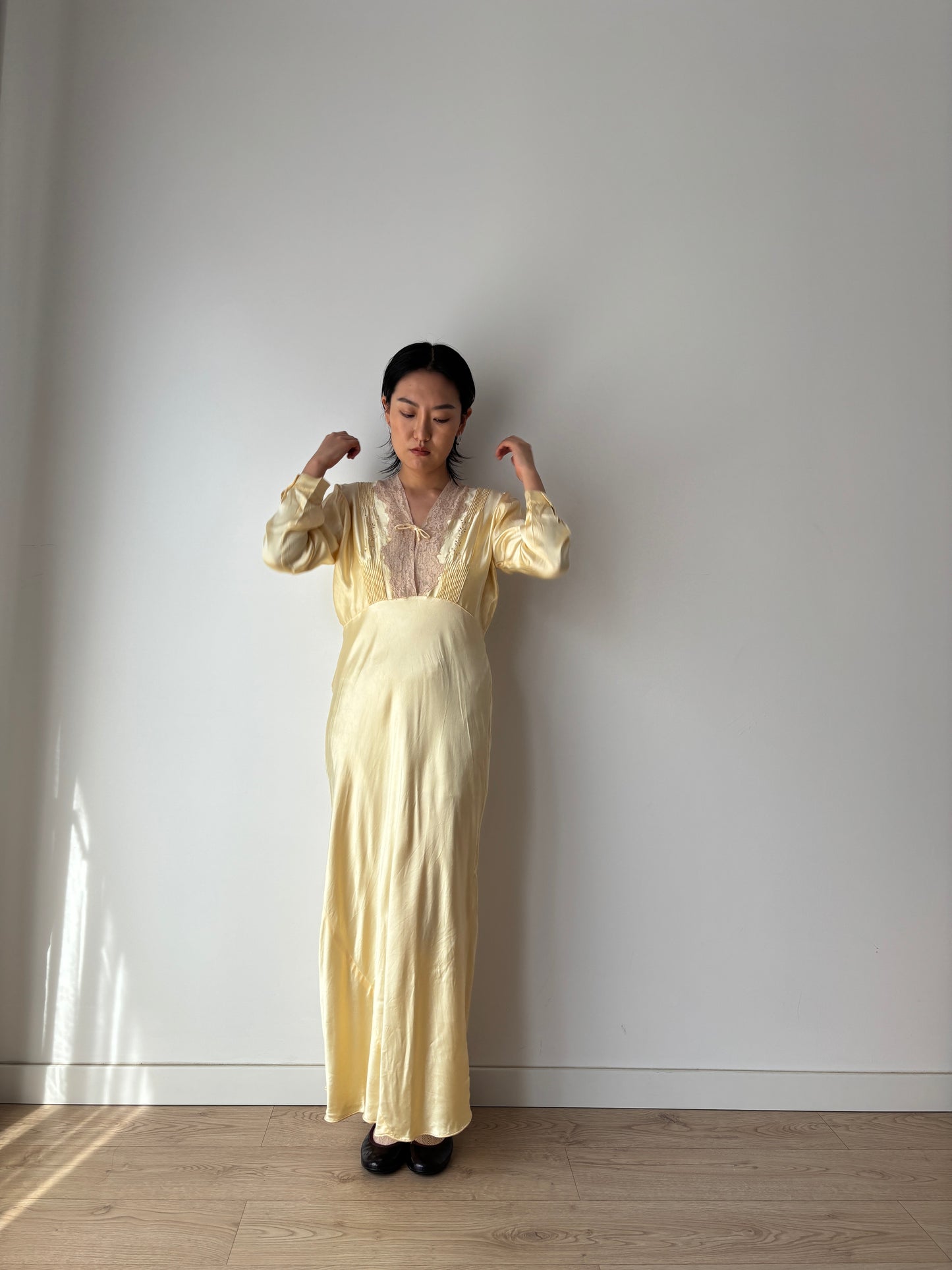 1940s Antique Yellow Silk Embroidered Bias Cut Slip Dress with Sleeves