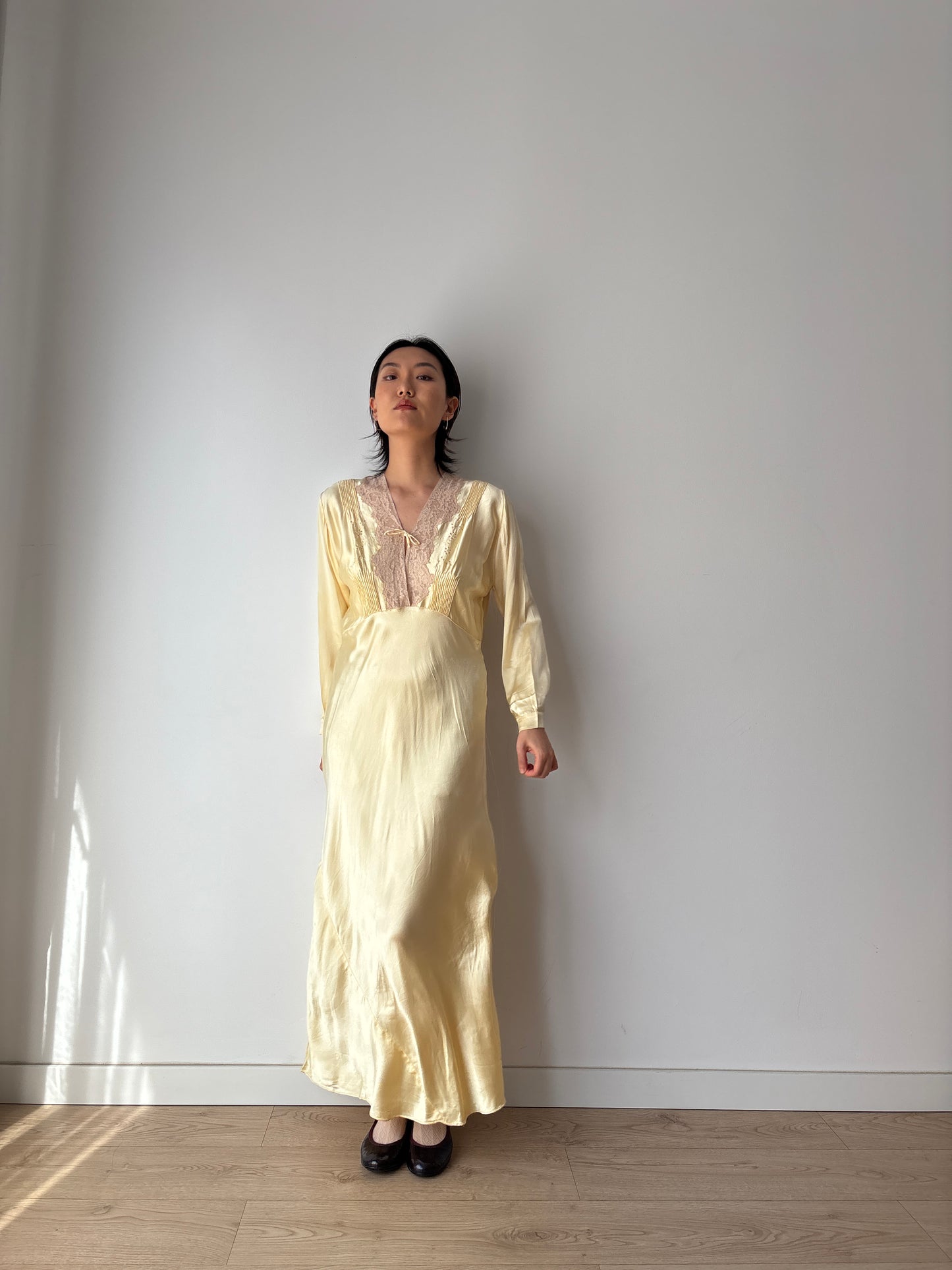1940s Antique Yellow Silk Embroidered Bias Cut Slip Dress with Sleeves