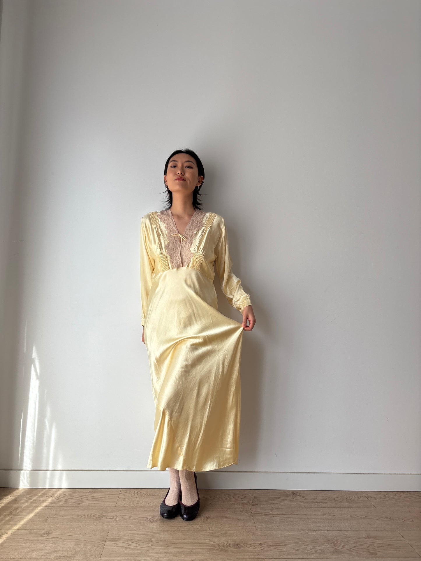 1940s Antique Yellow Silk Embroidered Bias Cut Slip Dress with Sleeves