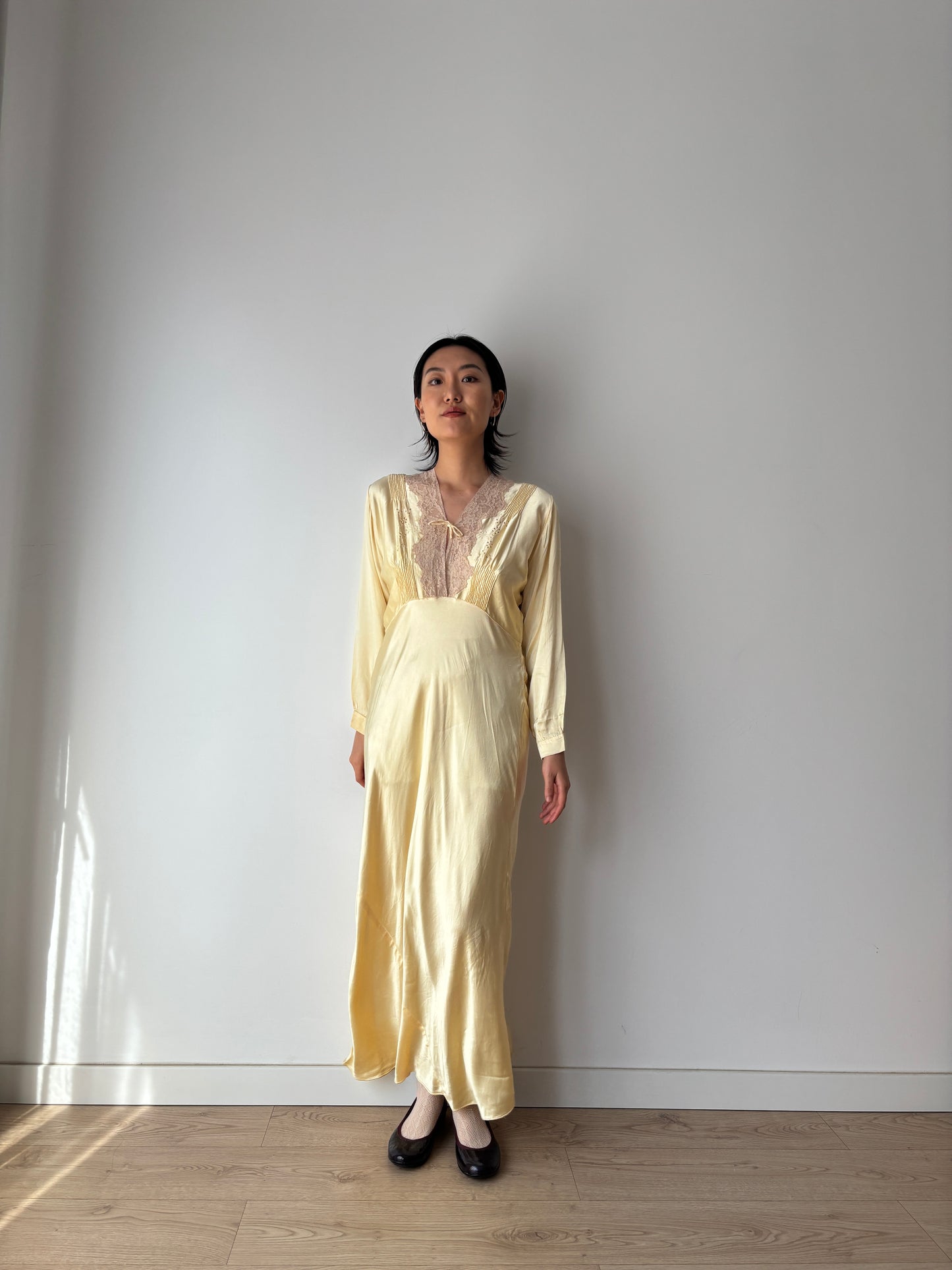 1940s Antique Yellow Silk Embroidered Bias Cut Slip Dress with Sleeves