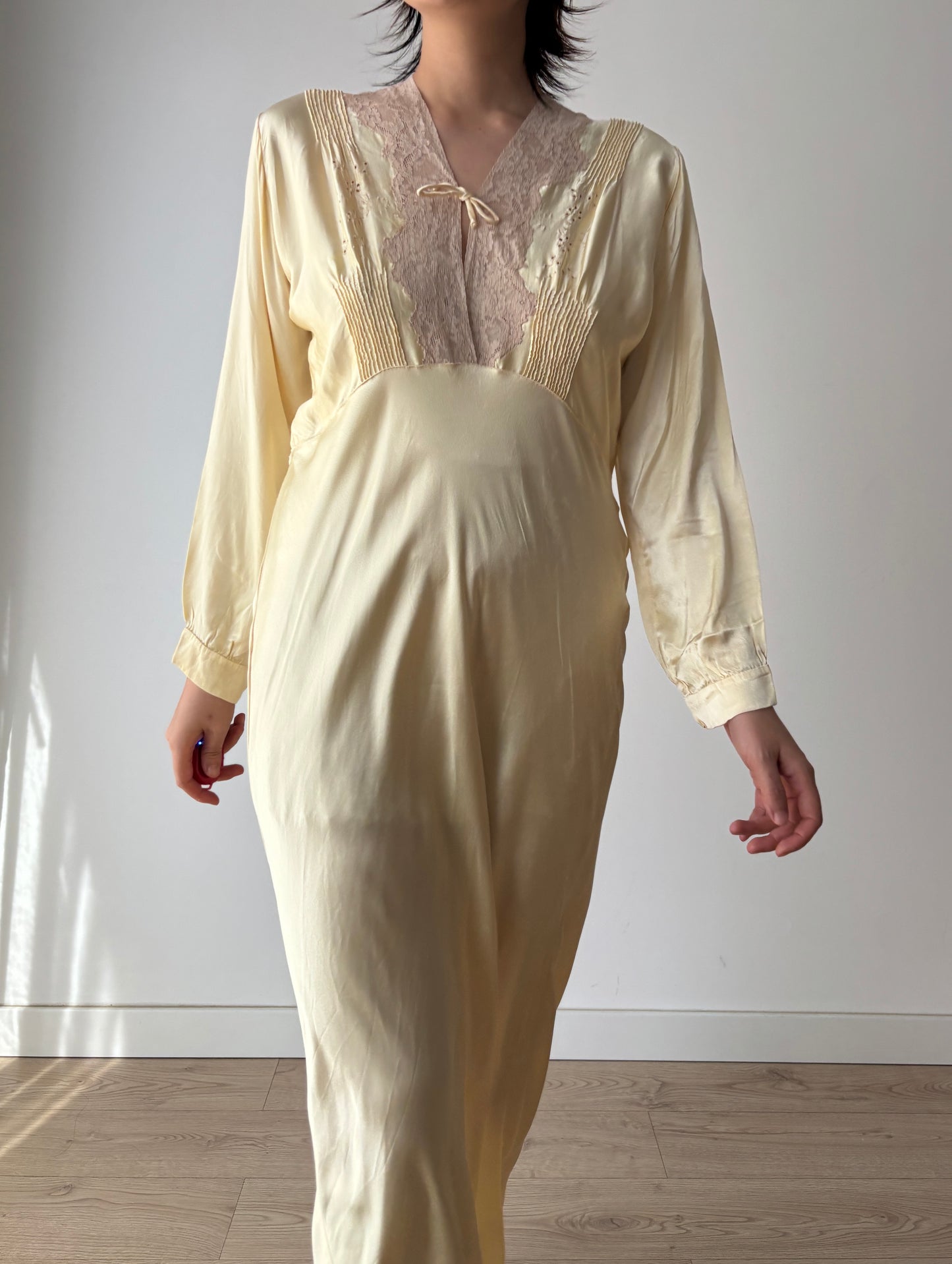 1940s Antique Yellow Silk Embroidered Bias Cut Slip Dress with Sleeves